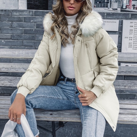 Jackets & Blazers - Vegan fur cream puffer jacket coat bomber
